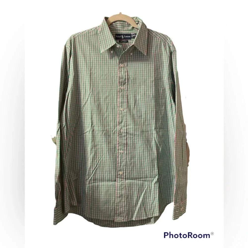 RALPH LAUREN GREEN & PINK PLAID BUTTON DOWN SHIRT